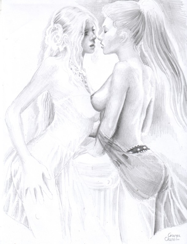 kiss-the-bride-with-pride-romantic-erotica-lesbian-art-pencil-drawing-about-love
